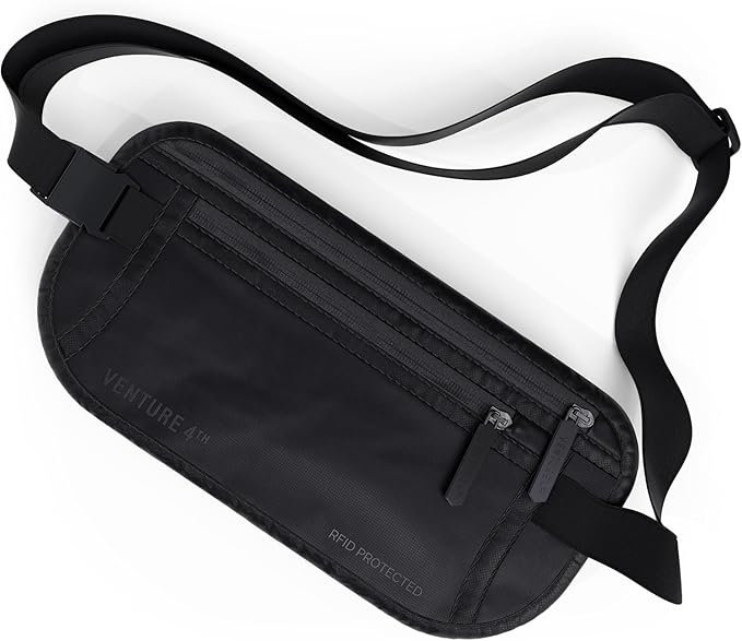 VENTURE 4TH Money Belt for Travel – Hidden Under-Clothes RFID Blocking Passport Holder & Slim Travel Wallet Pouch for Men & Women to Protect Cash, Cards & Documents (Sleek Black)