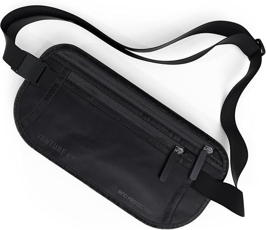VENTURE 4TH Money Belt for Travel – Hidden Under-Clothes RFID Blocking Passport Holder & Slim Travel Wallet Pouch for Men & Women to Protect Cash, Cards & Documents (Sleek Black)