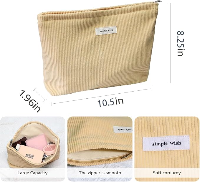 Wudygirl Makeup Bag,Large Capacity Cosmetic Travel Bag,Cute Corduroy Toiletry Bag for Women,Makeup Bag Organizer Handbags Purses Zipper pouch(Light Yellow)