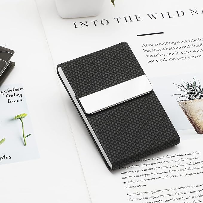 MaxGear Business Card Holder, Slim PU Leather & Stainless Steel Business Card Case for Men & Women, RFID Blocking Name Card Holder with Magnetic Closure, Black Carbon Texture