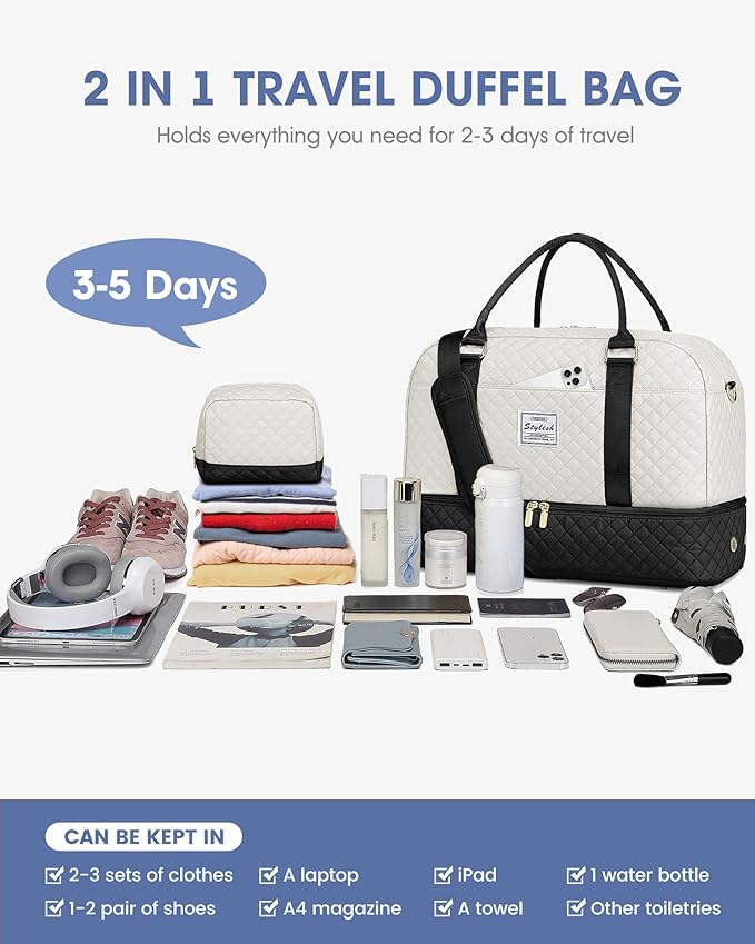 Travel Duffle Weekender Bags for Women: Overnight Bag with Shoe Compartment Carry On Bags with Toiletry & Wet Pocket Large Tote Hospital for Women Labor Delivery Black White