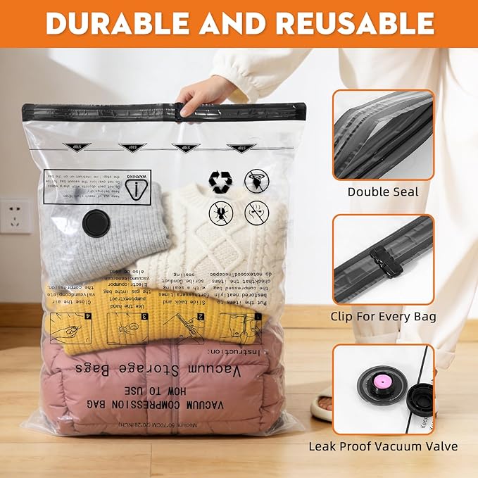 TOLDATE 12 Pack Travel Vacuum Bags - Compression Bags for Travel with 4 Different Sizes(2J/2L/4M/4S)，Vacuum Travel Bags with Rechargeable Pump for Luggage and Home Organization
