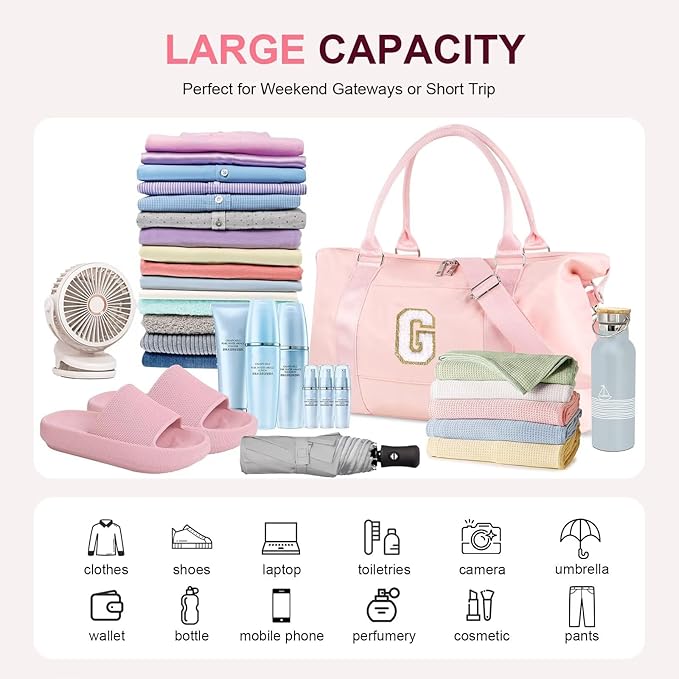 Dance Gym Duffel Bag for Teen Girls, Personalized Initial Travel Weekender Bag,Cute Overnight Carry On Duffle for Women,Sports Travel Cheer Bag,Monogram Christmas Gifts for Tween Preppy(pink-G)