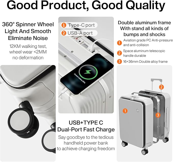 mixi 2-Piece Luggage Sets with Cup Phone Holder and Charger Hard Shell Suitcases with Spinner Wheels, 20+26 Smoke White
