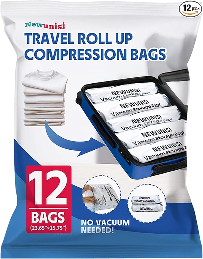 12 Pack Vacuum Storage Bags, Compression Bags for Travel, Roll Up Reusable Travel Space Saver for Luggage, Camping, and Storage (No Vacuum or Pump Needed).