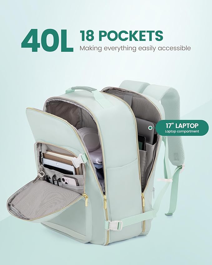 LOVEVOOK Travel Backpack for Women & Men 40L,Airline Approved Carry On Backpack Travel Essentials,TSA Carry on Luggage,Waterproof Personal Item Travel Bag Suitcase,3 Packing Cubes,Turquoise-Turquoise
