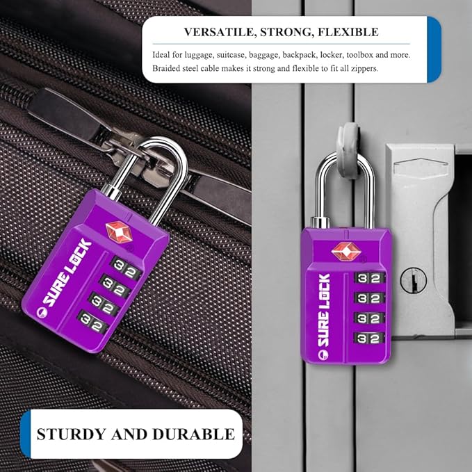 TSA Approved Travel Luggage Locks, Open Alert Combination Lock for School Office & Gym Locker,Toolbox, Pelican Case,Easy Read Dials- 1, 2 & 4 Pack (1, Dark Purple 2 Pack)