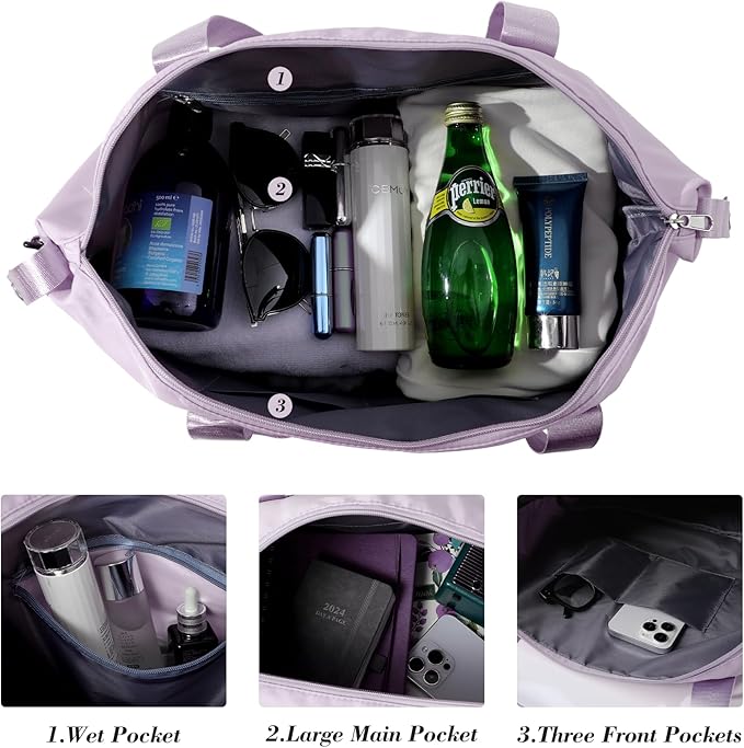 Large Shoulder Weekender Overnight Duffel Bag - Carry On with Wet Pocket, Waterproof Expandable Duffel Bag with Trolley Sleeve, Sports Tote Gym Bag for Women, Purple