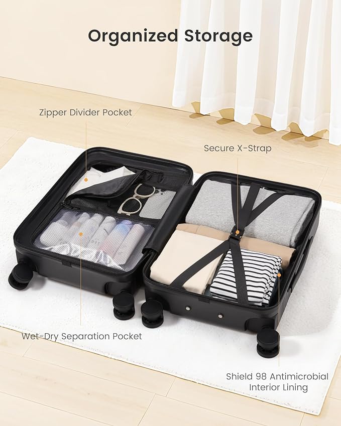 LOVEVOOK Carry On Luggage 22x14x9 Airline Approved with Detachable Pouch, 21 Inch Hardside Suitcases with Spinner Wheels, Lightweight Carry-on Luggage with TSA Lock for Women Men, 2PCS, Black