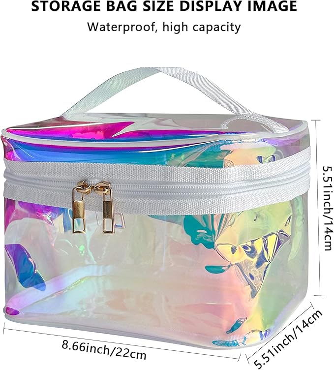 Waterproof Holographic Blue PVC Makeup Bag with Handle - 8.66 * 5.51 * 5.51 inch Travel Cosmetic Organizer for Women Men Toiletry Pouch (Holographic Blue - L)