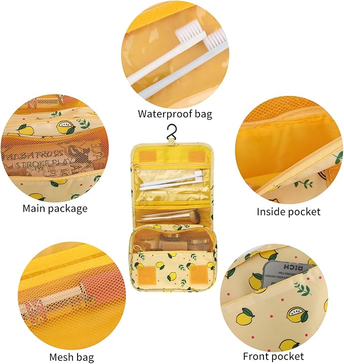 Foldable Hanging Travel Toiletry Bag,Waterproof Portable Travel Bags, Multifunction Travel Makeup Cosmetic Bag Organizer with Hanging Hook (Yellow Lemon)