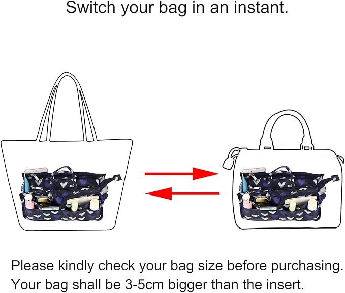 BTSKY Printing Handbag Organizers Inside Purse Insert - High Capacity 13 Pockets Bag Tote Organizer with Handle (Blue Heart)