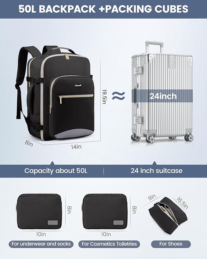 LOVEVOOK Travel Backpack for Women & Men 50L,Airline Approved Carry On Backpack Travel Essentials,TSA Carry on Luggage,Waterproof Personal Item Travel Bag,Suitcase with 3 Packing Cubes,Black-Grey