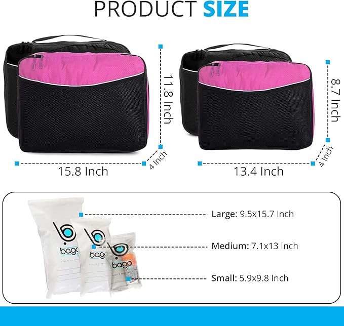 bago 7 Pcs Packing Cubes for Travel - 4 Travel Packing Cubes for Suitcases with 3 ZipLock Bags - Luggage Organizer Bags to Get Maximum Storage, Save Time & Effort to Pack (Black Pink)
