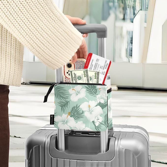 DOMIKING Hibiscus Flowers Leaves Tropical Travel Luggage Cup Holder for Suitcase Free Hands Drink Carriers with Storage Pockets for Coffee Mug Bottle