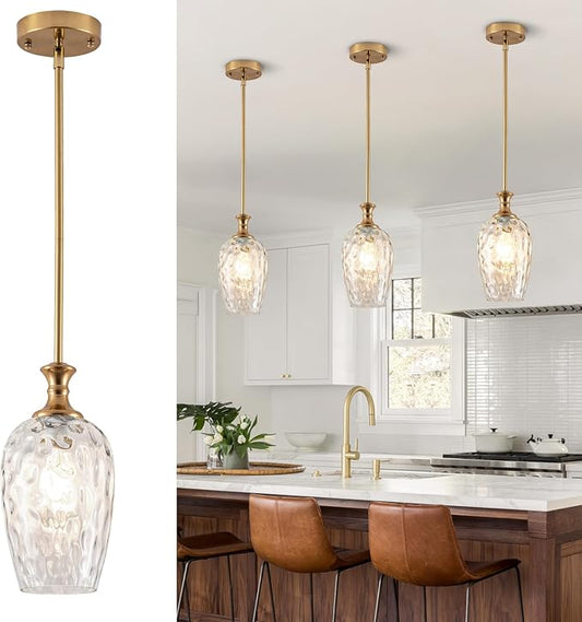 Modern Gold Pendant Lights, Adjustable Kitchen Island Pendant Lighting Fixtures with Clear Glass Shade, Hanging Light for Dining Room, Bedroom & Home Decor (Bulbs Not Included) 1 Pack
