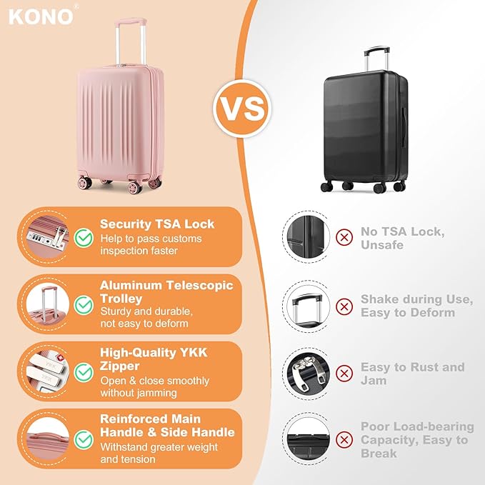 Kono Small 20 Inch Expandable Carry On Luggage with Quiet Spinner Wheels & TSA Lock, Scratch and Drop Resistant PC+ABS Hardside 22x14x9 Airline Approved Suitcase, Nude/Rose Gold