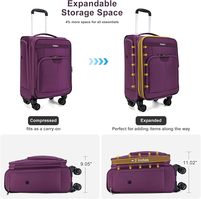 Carry on Suitcase 22x14x9 Airline Approved,20 inch Lightweight Suitcases with 360° silent swivel wheels, TSA Lock and Compartment, Large Capacity travel Suitcase-Purple