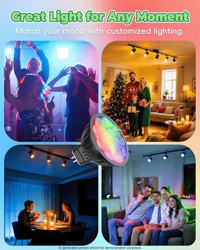 Smart MR16 Bulb, 12V WiFi MR16 LED Bulb RGBW Color Changing 4pcs | MR16 Landscape Light Bulbs, Dimmable & Multicolor, RGBCW CCT Tunable 2700K-6500K, GU5.3 Bi-pin Base, Memory Function