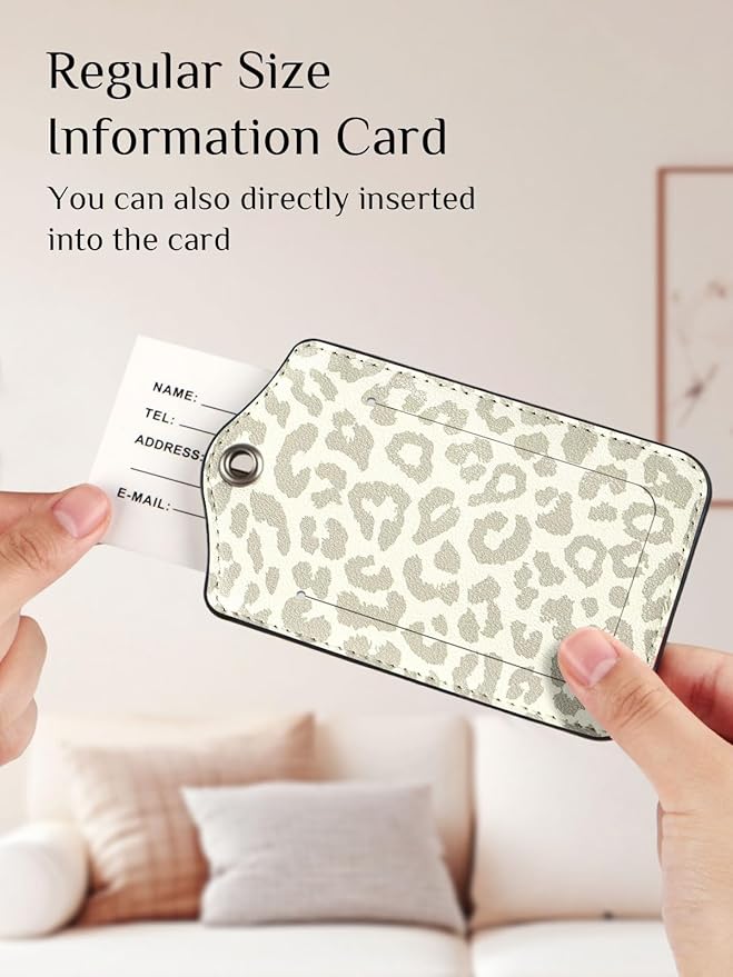 Seorsok 2 PCS Luggage Travel Tags for Suitcases,Cute Grey Leopard PU Leather Name Tag with Privacy Cover&ID Label Address Card and Durable Metal Ring Suitable for Men Women Handbags Backpack,Grey