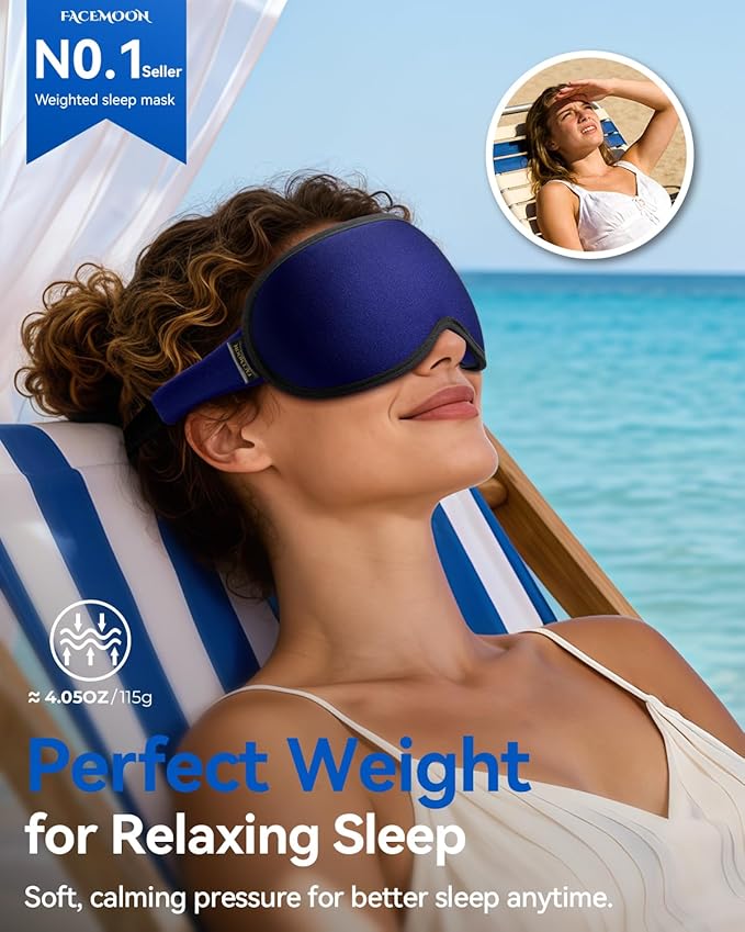 Weighted Blackout Sleep Mask, 3D Contoured Zero Eye Pressure, Lash-Friendly Deep Eye Cups, Adjustable Slide Buckle Strap, Spring Break & Beach Vacation Essential, Summer Travel Sleep Mask (Navy Blue)