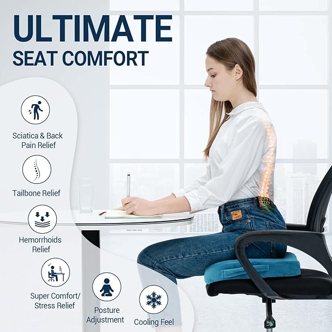 Season Guard Tailbone Pain Relief Office Chair Seat Cushion, Memory Foam Gel Seat Cushion for Sciatica Pain Relief with Washable Cover, Butt Cushion for Long Sitting, Velvet, Blue