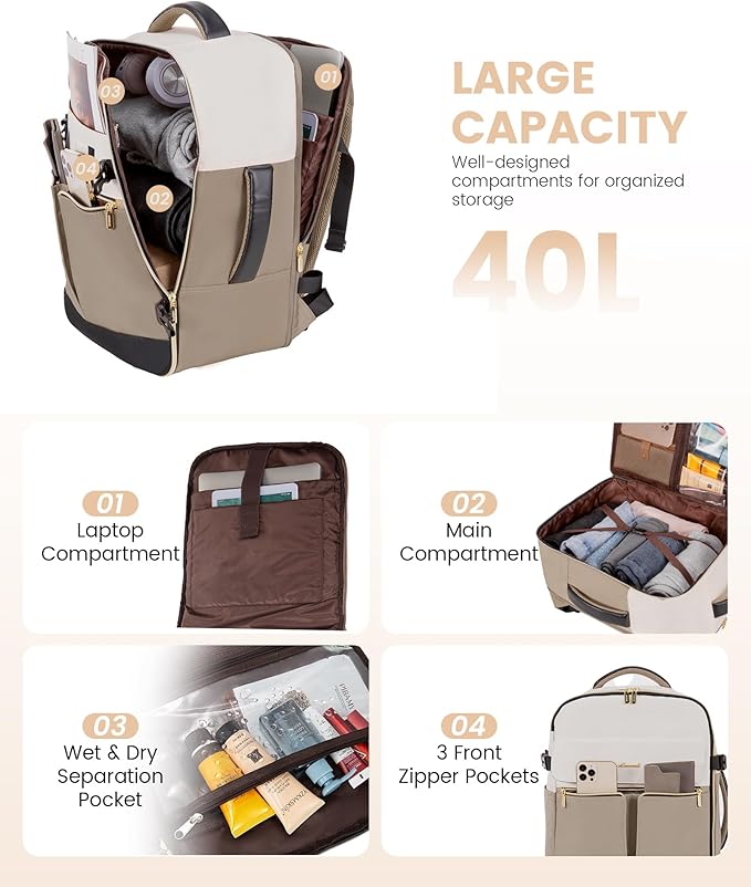LOVEVOOK Travel Backpack for Women, TSA Carry On Backpack Flight Approved Luggage, 40L Water Resistant Personal Item Daypack Large Weekender Bag fit 17 inch Laptop with 3 Cubes, Beige-khaki-black