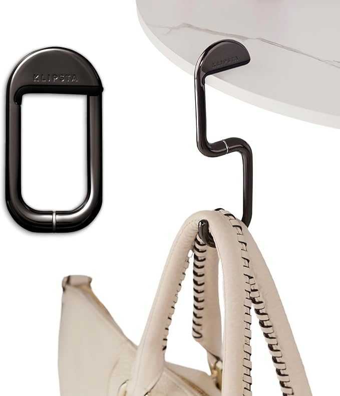 FLIP Purse Hook for Table – Foldable Bag Hook | Portable Purse Hanger & Holder for Desk | Magnetic Closure | Holds 50 lbs | Gift for Women, Chrome Black