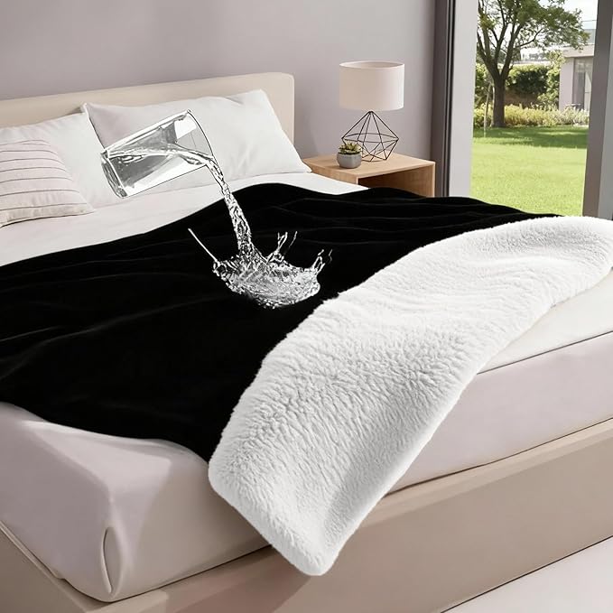 Black Waterproof Bed Blanket, 50'' x 60'' Portable Double Side Leakproof Sherpa Flannel Fleece 3 Layer Lightweight Blanket for Home Care Protection, Absorbs 33oz