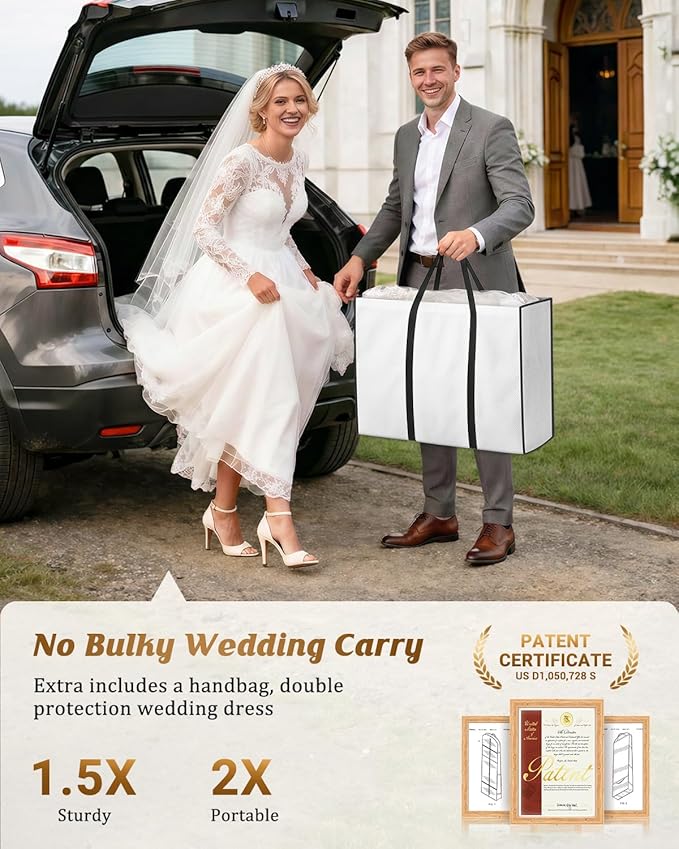 MISSLO Portable 70" Wedding Dress Garment Bag with Bride Tote Bag 8'' Gusseted Dress Bags for Gowns Long 4 Pockets Dress Cover for Women, White