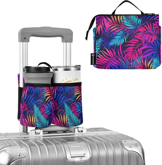 DOMIKING Tropical Palm Leaf Travel Luggage Cup Holder for Suitcase Free Hands Drink Carrier with Storage Pockets for Beverages Bottles