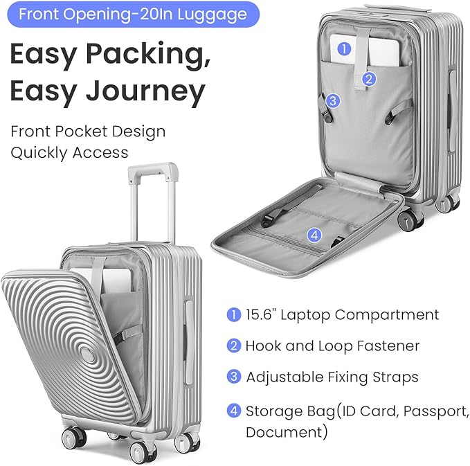 3 Piece Luggage Set 100% PC Hardshell, Front Opening Expandable Suitcase (20/24/28) with Laptop Compartment & Free Custom PVC Covers, Trunk Style Lightweight Spinner Wheels TSA Lock (Silver)