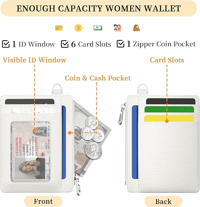 Hancynir Minimalist Small Wallet Women Credit Card Holder, RFID Blocking Slim Mini Card Wallets Cute Front Pocket PU Leather Card Case Thin Travel Zipper Coin Cash for Ladies Men Wallet Gifts White