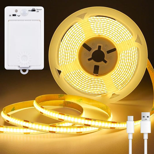 OMIKA COB Motion Sensor Light Strip Indoor, 6.56ft 640LEDs 2700K Warm White 1500mAh Rechargeable Closet Light, Cuttable Self Adhesive LED Lights for Bedroom, Cabinet, Shelves, Pantry, Stairs