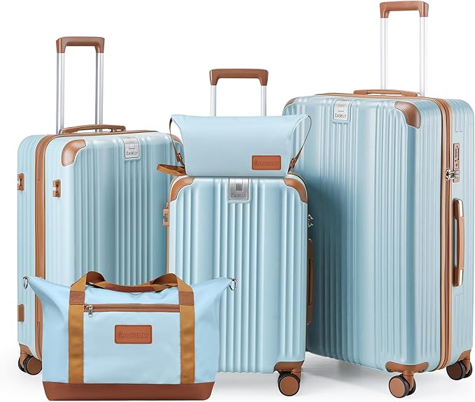 Luggage Set 3 Piece Luggage with PC+ABS Hardshell TSA Lock Spinner Wheels Carry on Lightweight Suitcase，YKK Zippers (Light Blue, 5 Piece Set (20/24/28/DB/TB))