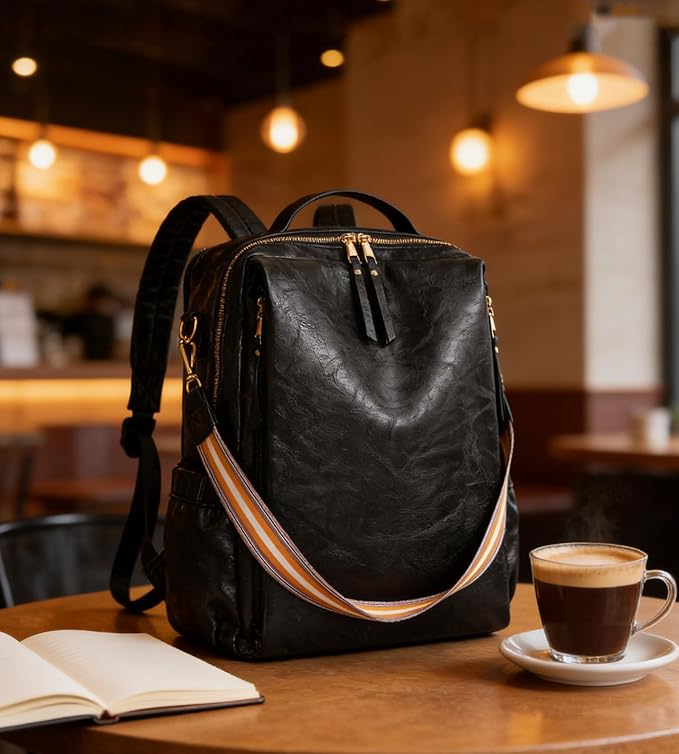 myfriday PU Leather Large Backpack Purse for Women Casual Travel Backpack Convertible Satchel Handbags With Luggage Strap (Black)