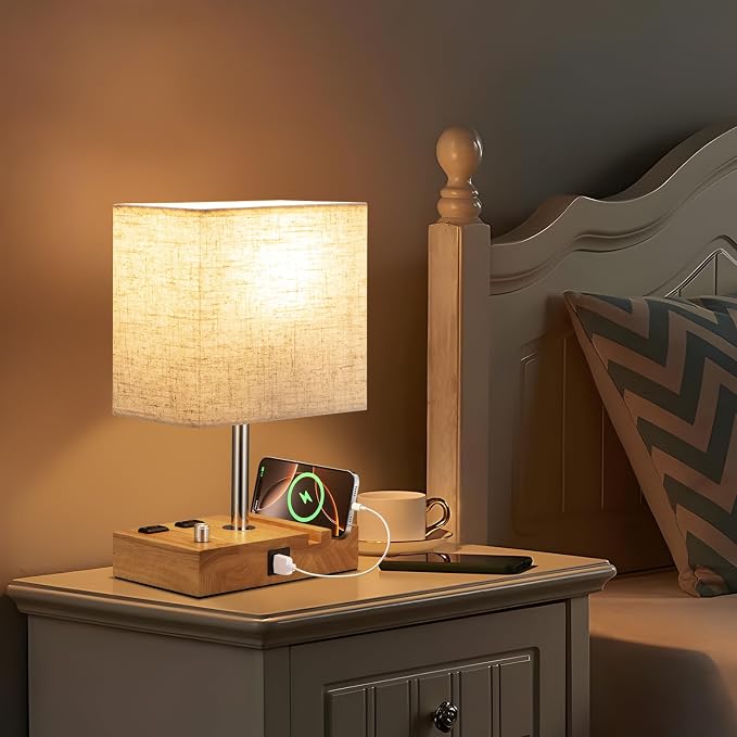 Wood Grain Table Lamp for Bedroom, Stepless Dimmable, USB C+A, 2 AC Outlets | Dimming By Rotary Knob, USB C+A Ports, 2 Phone Stands, LED Bulbs Included, Rectangle Beige Lampshade, for Living Room, Desk