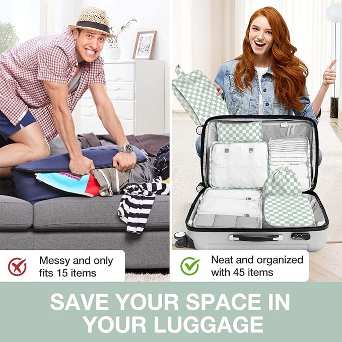 8 Set Packing Cubes for Suitcases,Suitcase Organizer with Shoe,Cosmetics,Clothing, and Accessories Bags for Travel Luggage Organizer Women Men(Green Checkered)