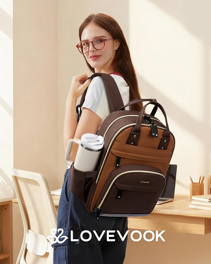 LOVEVOOK Laptop Backpack for Women with Giant Tumbler Holder Pocket,17.3 inch School College Book Bag Nurse Teacher Backpack,Work Travel Backpack Laptop Computer Bag,Brown-Yellowish-brown-Coffee brown