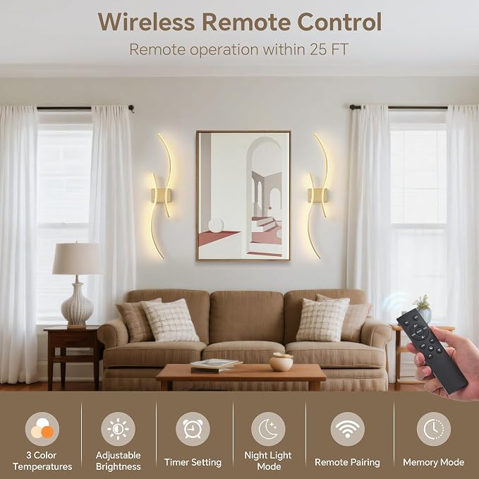Battery Operated Wall Sconce Set of Two, Dimmable Modern LED Rechargeable Wall Light with Remote Control, Wall Decor for Living Room
