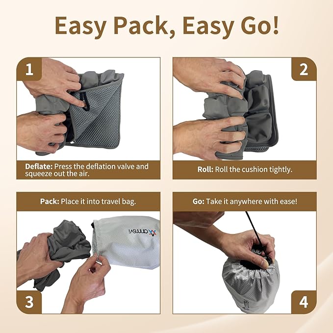 Air Inflatable Travel Seat Cushion with Built-in Pump & Carry Bag– Portable & Adjustable for Airplane, Car, Office – Coccyx, Sciatica & Tailbone Pain Relief (Gray)