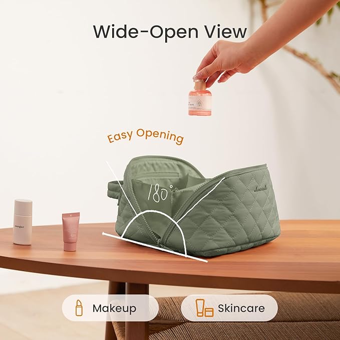 LOVEVOOK Travel Makeup Bag for Women, 2Pcs Puffer Waterproof Cosmetic Organizer, Large Capacity Pouch Open Flat Small Toiletry Bag with Brush Compartment & Handle (Green, Medium)