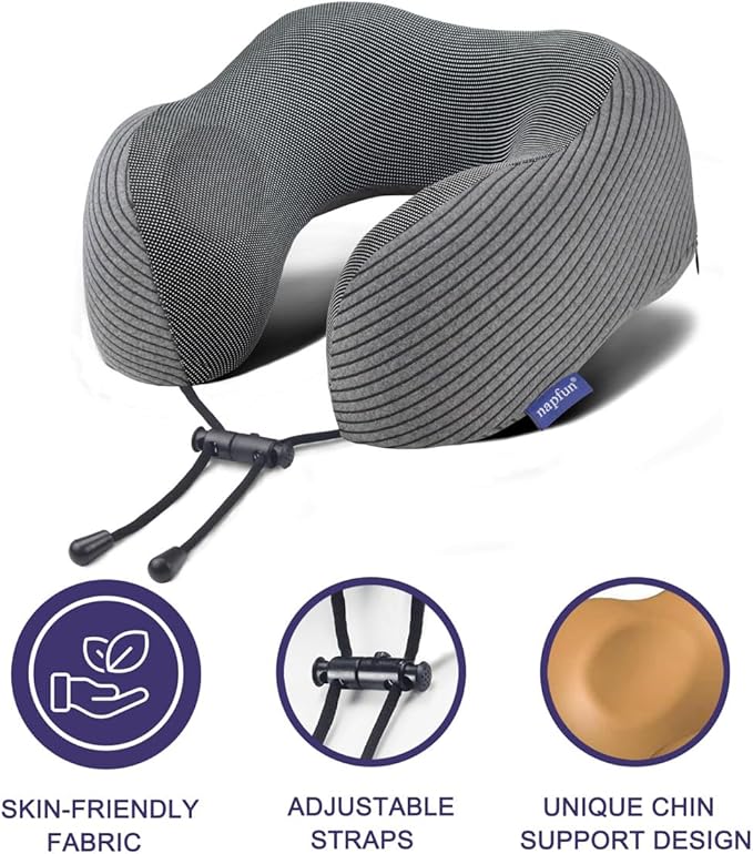 napfun Neck Pillow for Travel with Travel Pouch, Sleep Mask & Earplugs, Memory Foam Airplane Pillow for Headrest Sleep with Eyeshades, Plane Essentials with Eye Blindfold, Dark Gray Striped Kit