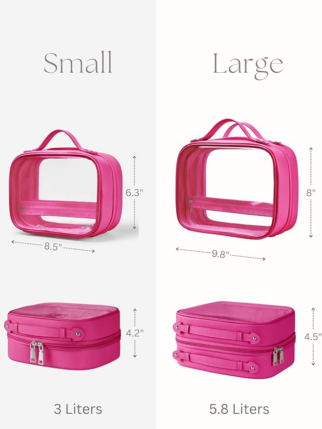Clear Cosmetic Bag Double Layer Travel Toiletry Bag Clear Makeup Bag Case with 4 Compartments, Transparent Travel Bag for Toiletries, Large Toiletry Bag for Women Cosmetic Case (Hot Pink, Large)