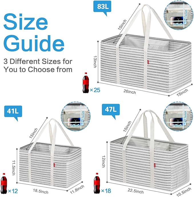 LHZK Standing Extra Large Utility Tote Bag with Metal Wire Frame and the Sides Rinforced, Extra Large Tote Bag with Handle, Reusable Grocery Bags Foldable, Beach Bag, Car Tote (Gray) | 22.5×10.5×12 inch