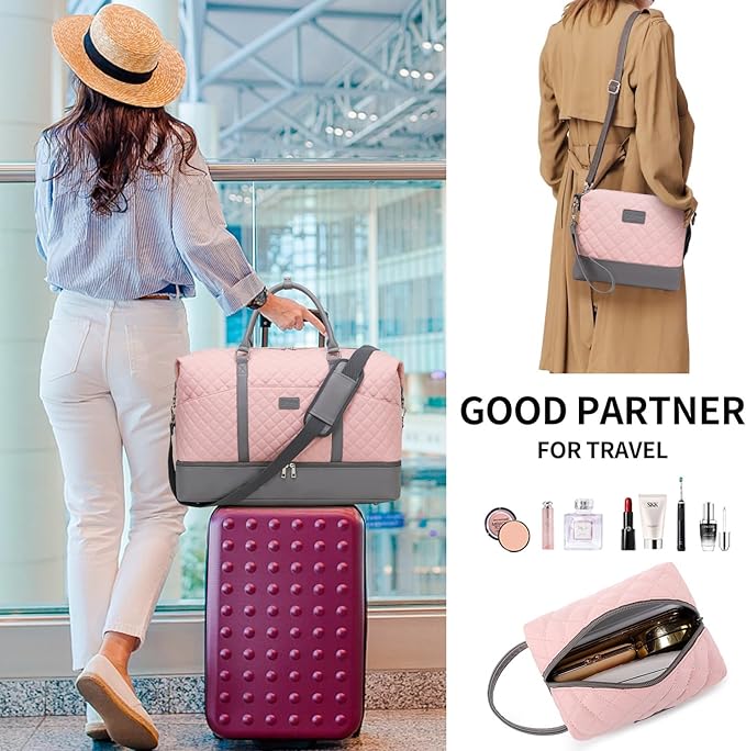 Weekender Bag, Large Travel Duffel Bag for Women, Carry on Overnight Bag with Shoe Compartment and Toiletry Bags
