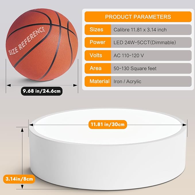 Dimmable LED White Flush Mount Ceiling Light Fixture,5CCT,11.8Inch | Modern Round Hallway Lighting Fixtures, 2700K-6000K Ceiling Lights Fixtures for Kitchen Bedroom Entryway Laundry Room Closet