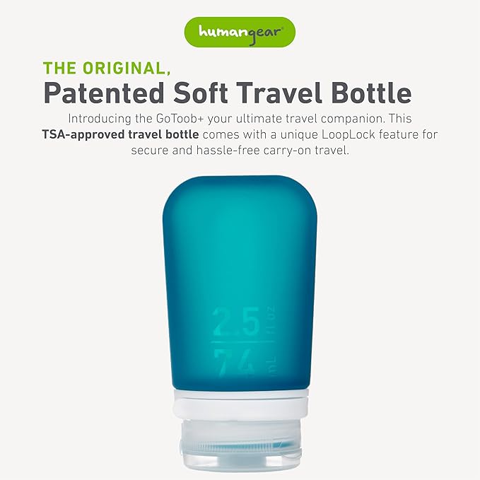 humangear GoToob+ (Medium) | Refillable Silicone Travel Bottle | Locking Lid | Food-Safe Material | Teal, Medium (2.5 fl.oz.; 74ml)
