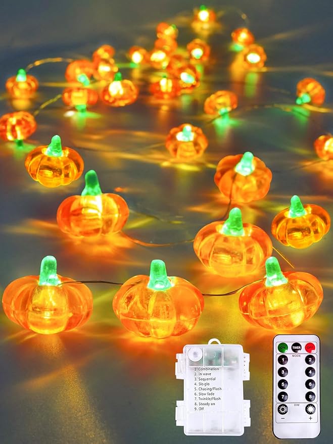 Fall Decor 10FT 3D Pumpkin Fairy Lights Battery Operated With Remote Orange | 30 LED, 8 Modes & Timer, IP44 Waterproof Twinkle Fall String Light for Indoor Outdoor Autumn Halloween Thanksgiving Decor