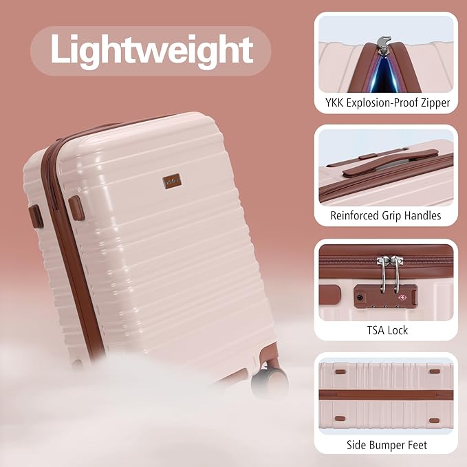 Carry on Luggage, 20Inch Expandable Luggage Airline Approved Hard Shell PC Suitcases with Wheels 22x14x9 TSA Lock Durable Zipper Lightweight Travel for Men and Women, Beige